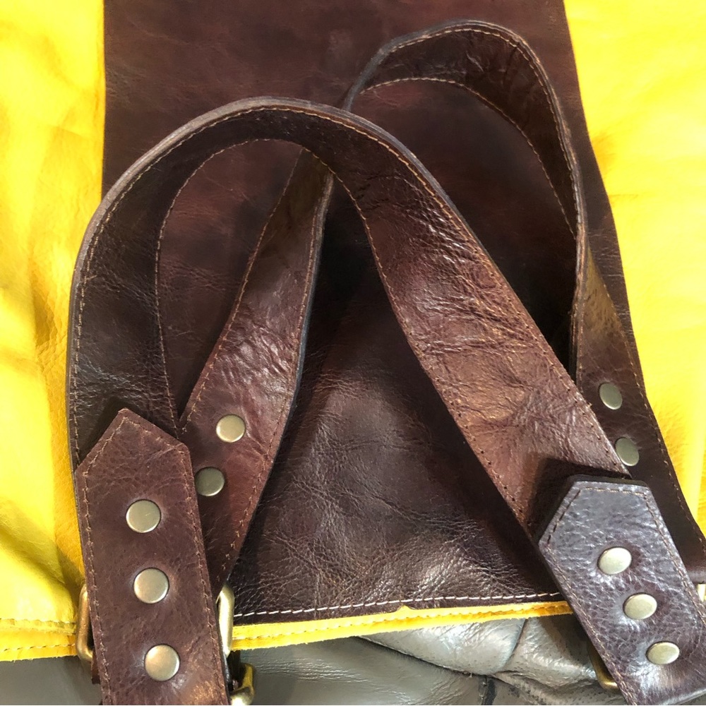 Marta Ray || Mustard Yellow and Leather Brown Tote Bag - Picture 5 of 15
